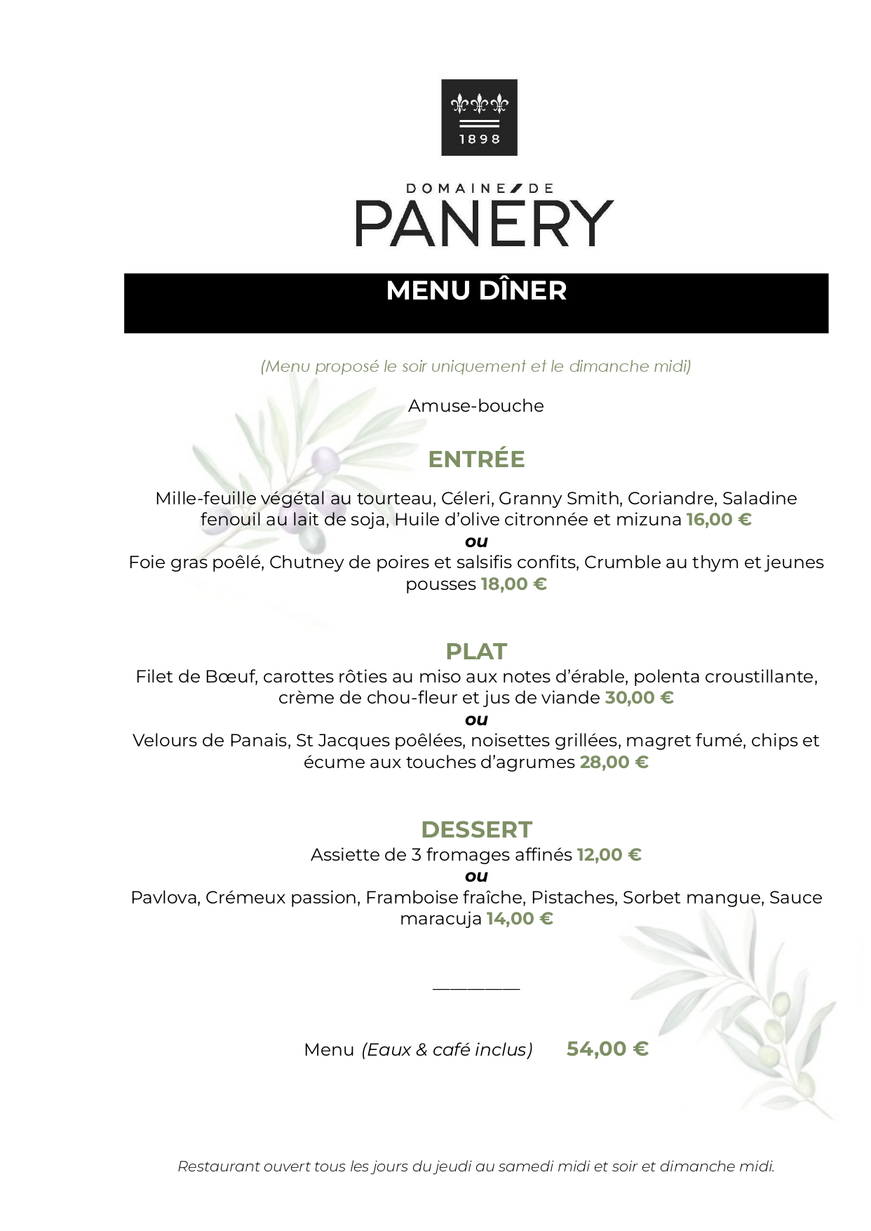 Restaurant du Domaine de Panéry - Menu Diner 2025